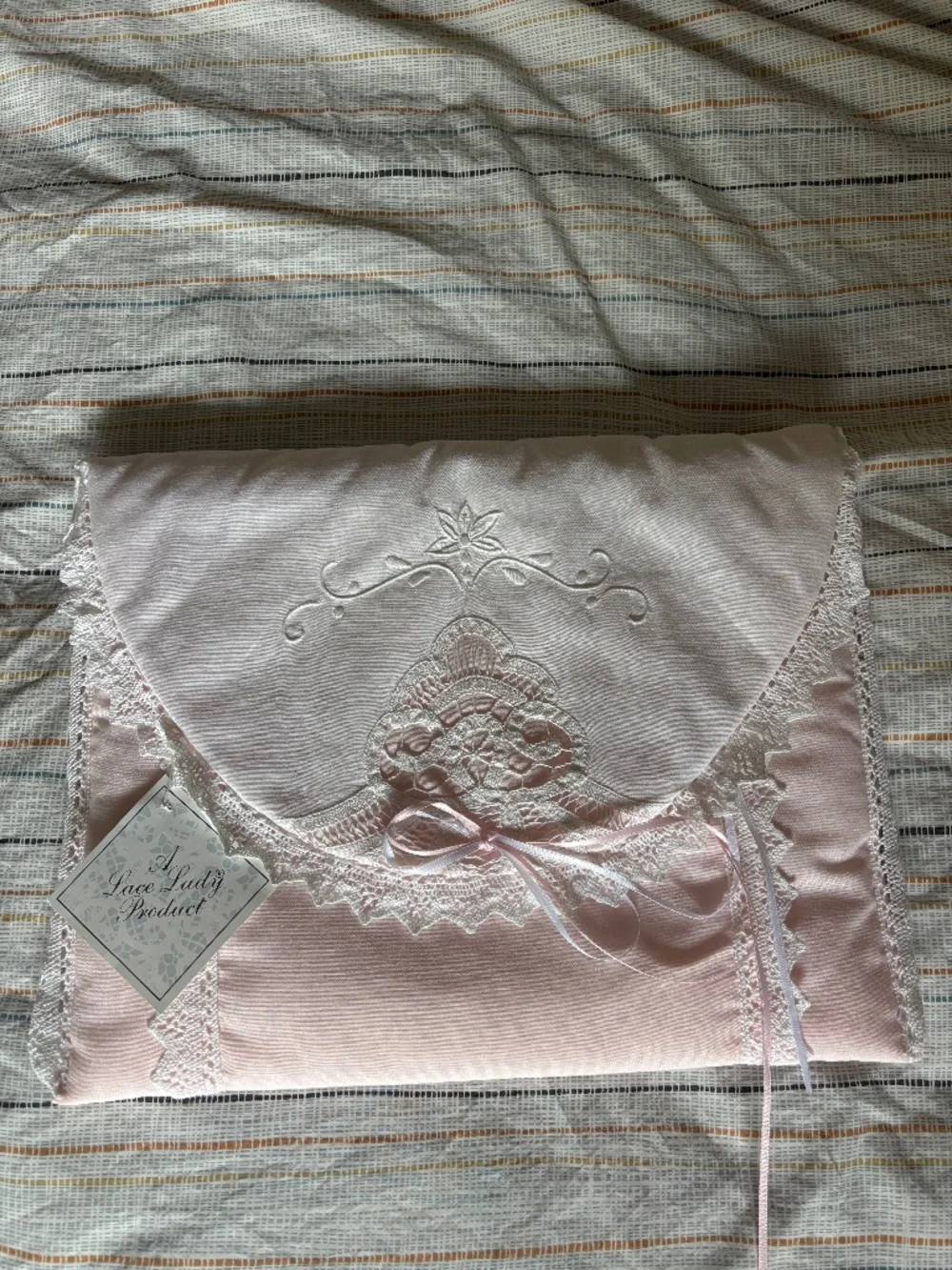 Vintage Quilted Pink Cotton Lingerie Travel Bag Lace Embroidered Bridal Storage